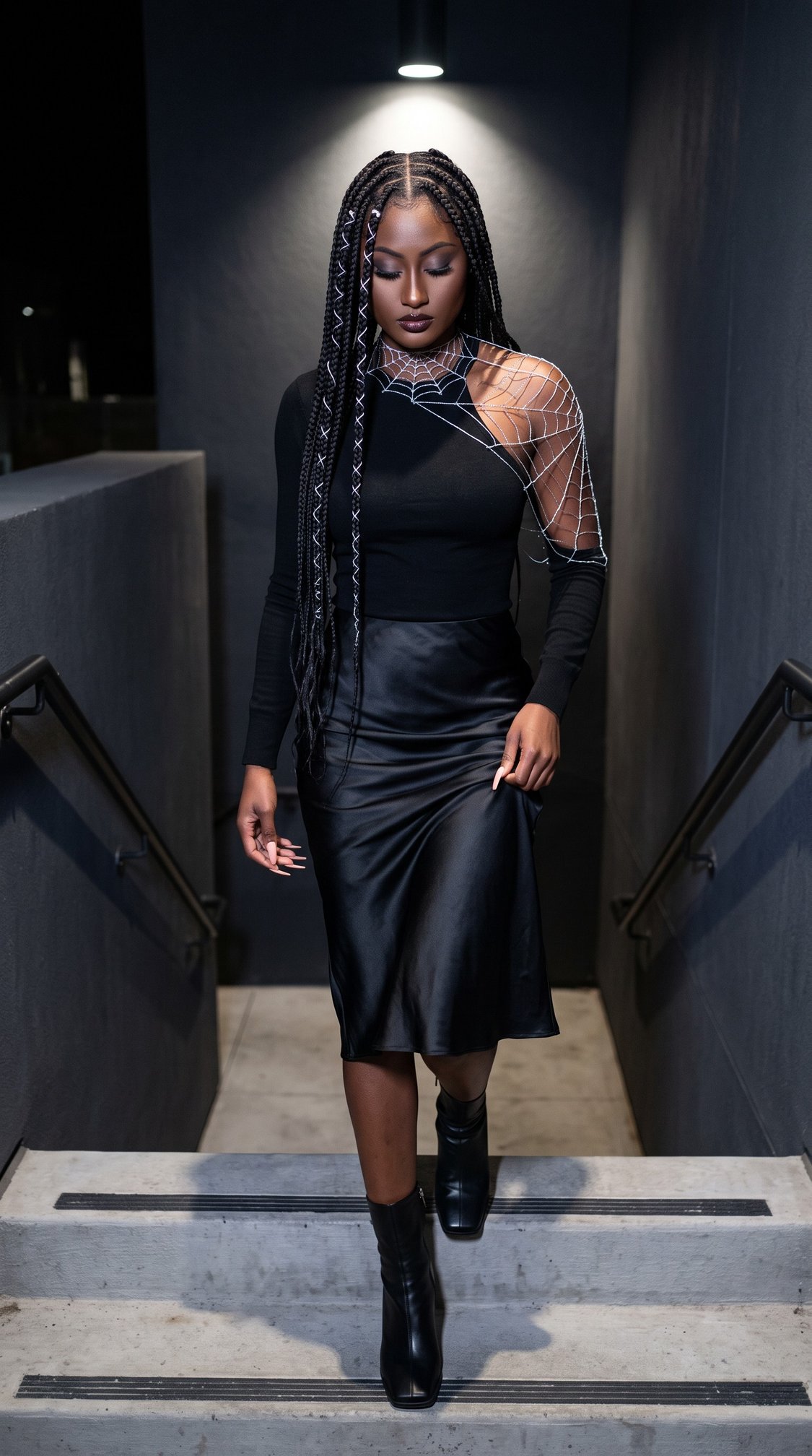 A woman with long braids in a black outfit and heeled boots walks down stairs at night, wearing a black one-sleeve top with a netted, beaded detail over one shoulder.