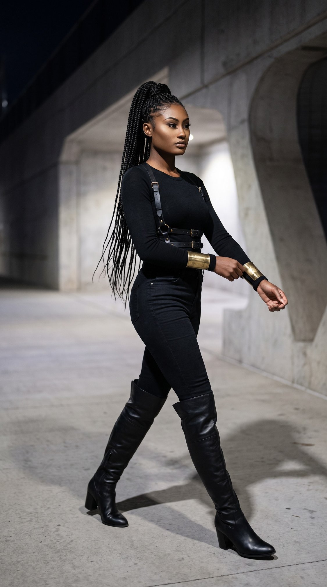 A woman with long braided hair, wearing a black top, black pants, and knee-high black boots, walks confidently on a concrete pathway at night, with modern architecture in the background.