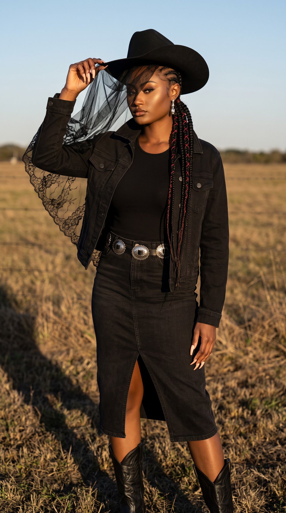 A woman in a black outfit, cowboy hat with lace, and braids stands in a dry grassy field. She wears a denim jacket, belted skirt with a front slit, black boots, and holds the hats veil. The sky is clear and blue.