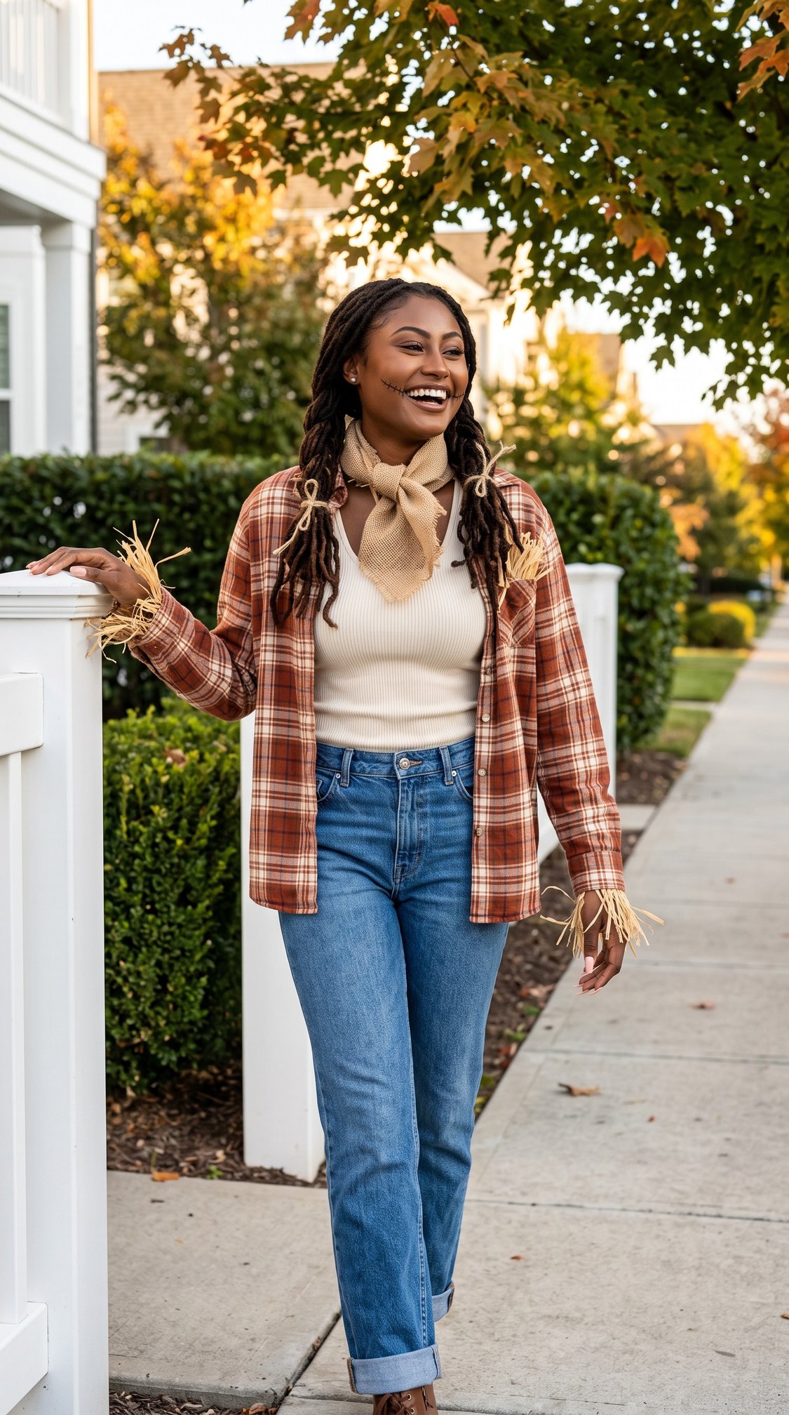 A smiling woman in a plaid shirt, beige scarf, and jeans walks on a sidewalk by white fences and green bushes, with autumn trees in the background.