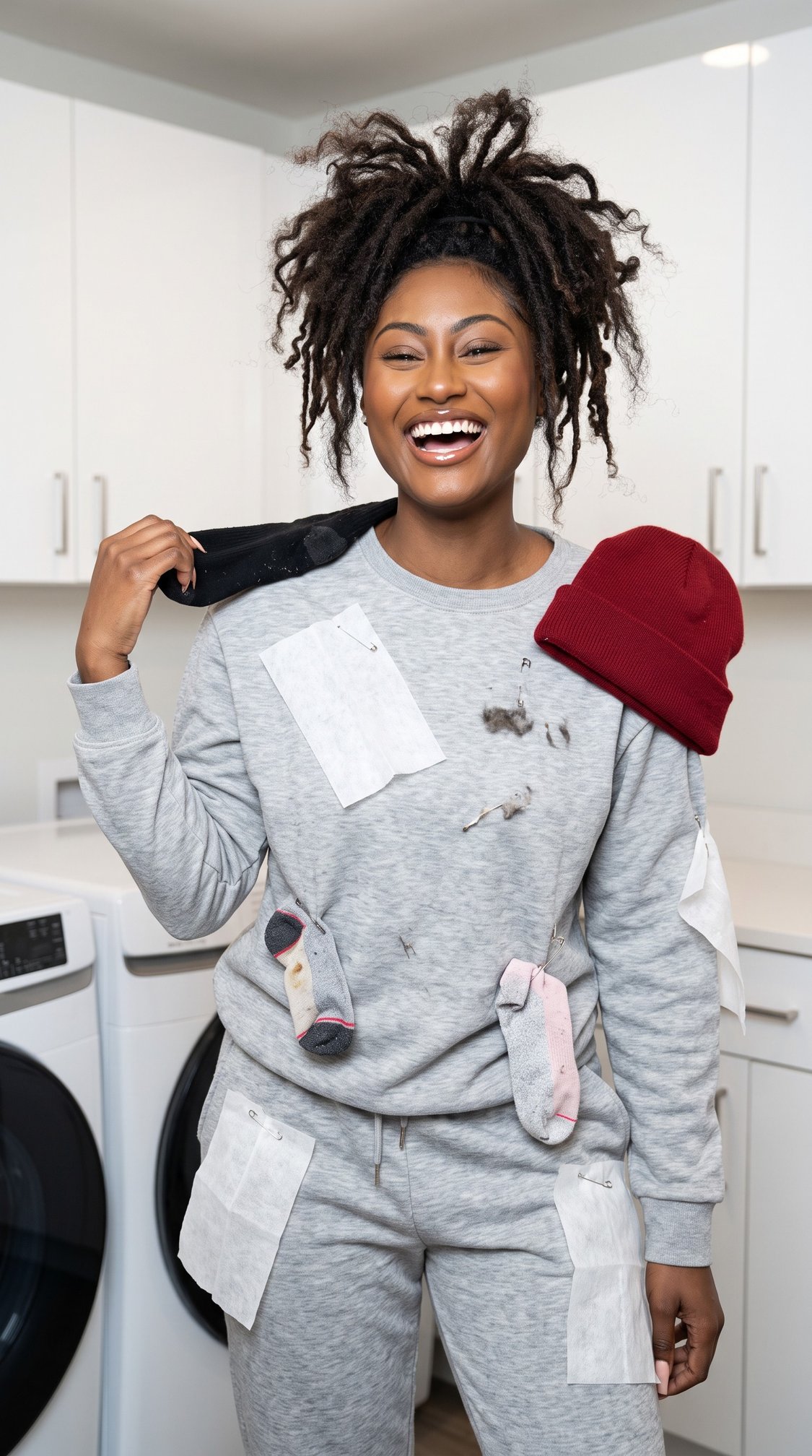 A smiling woman in a laundry room wears a gray sweatsuit with lint, dryer sheets, socks, and a red hat stuck to it, as if fresh from the dryer.