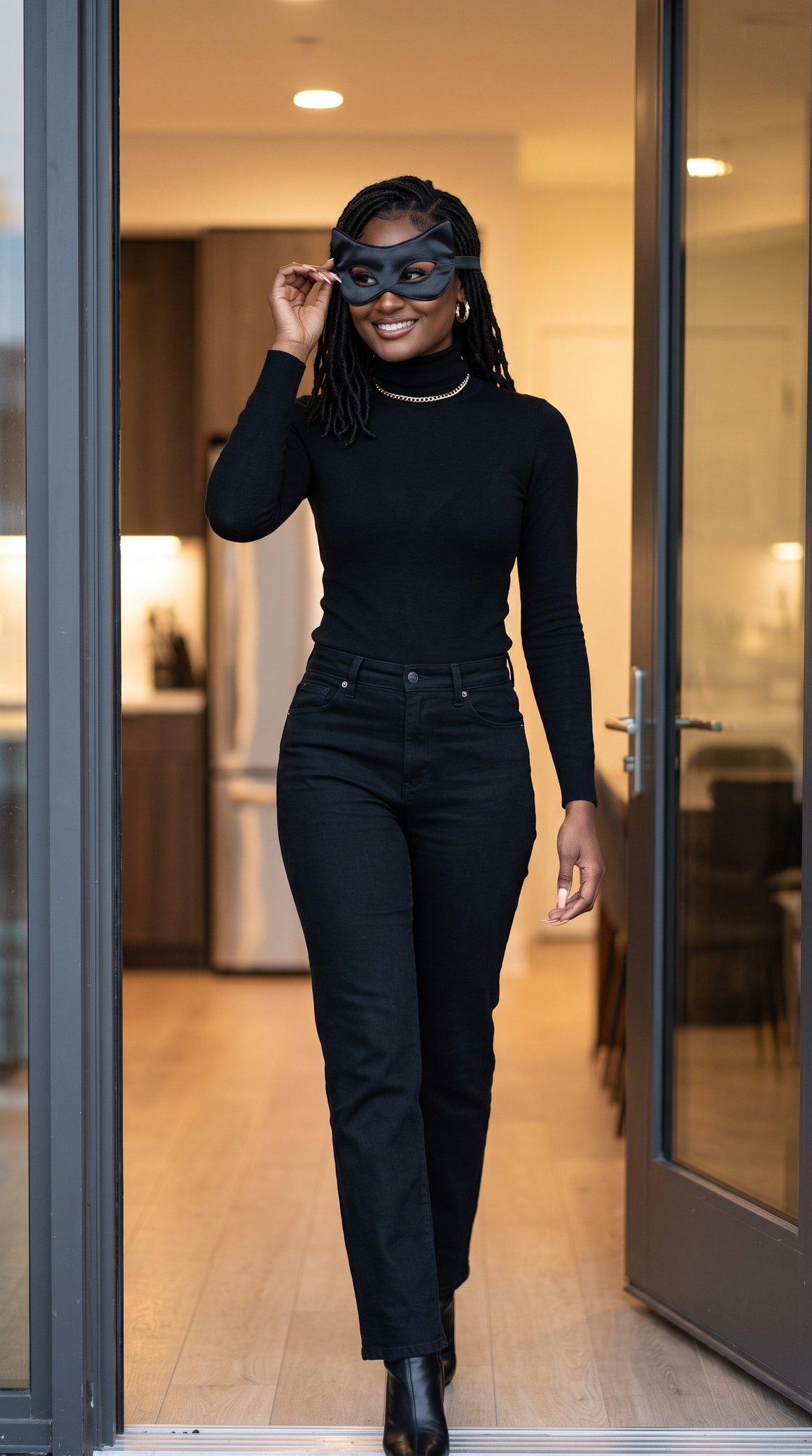A woman dressed in all black and wearing a mask smiles as she walks through an open door from a modern kitchen into another room.