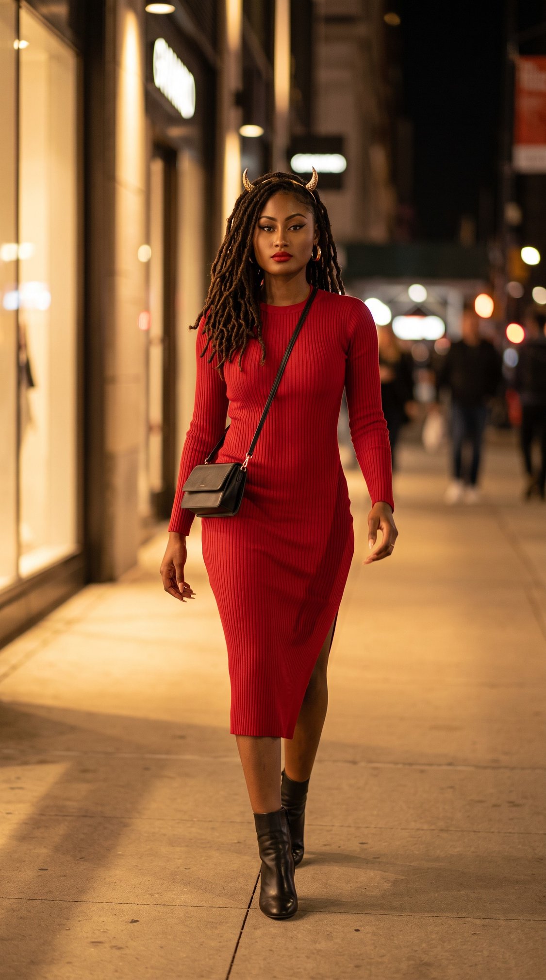 A woman in a fitted red dress and black boots walks confidently on a city sidewalk at night, carrying a black crossbody bag. The street is illuminated by warm lights, with blurred people and storefronts in the background.