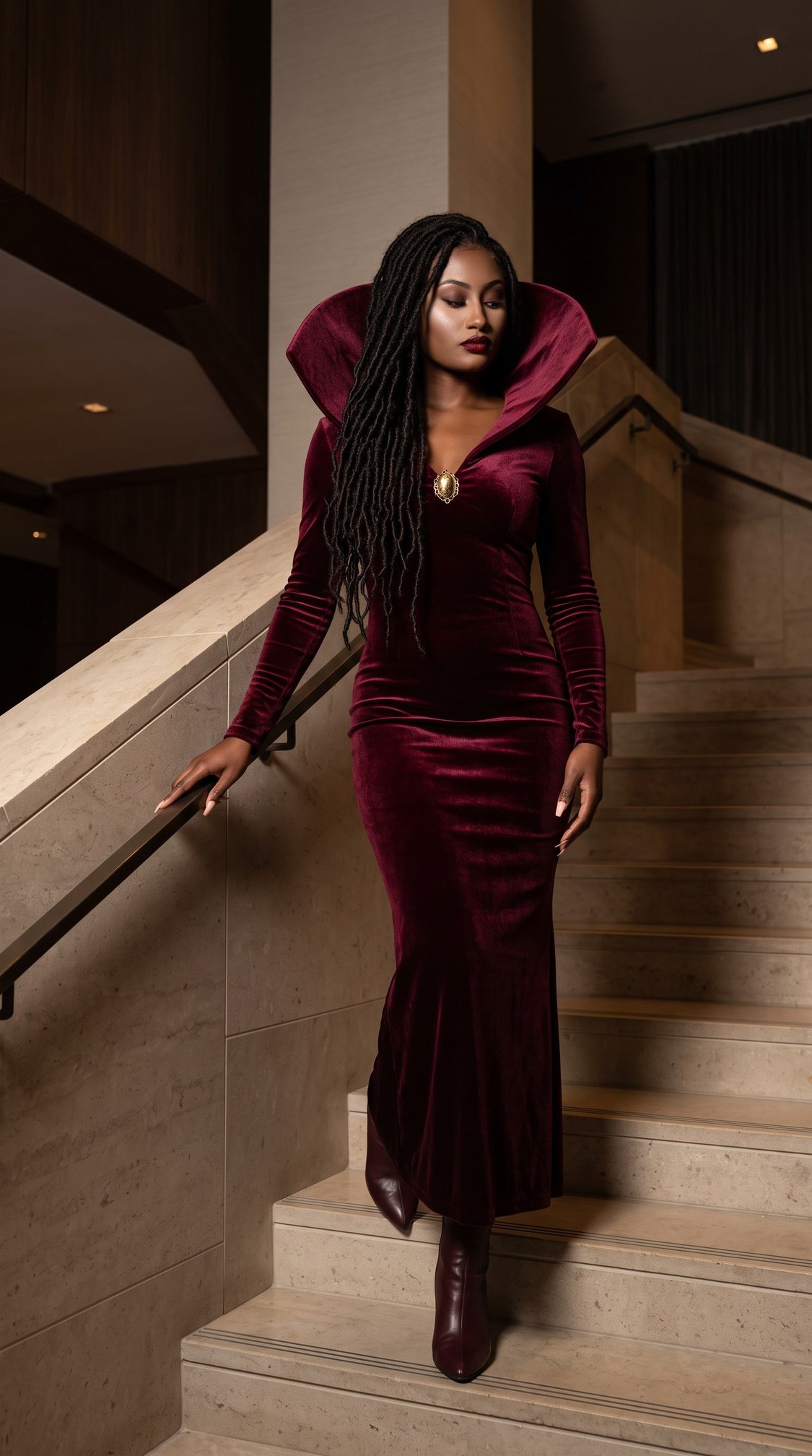 A woman in a burgundy velvet gown with dramatic collar stands on marble stairs, wearing matching boots and a pendant necklace. Her hair is styled in long dreadlocks. The setting appears to be elegant and modern indoors.