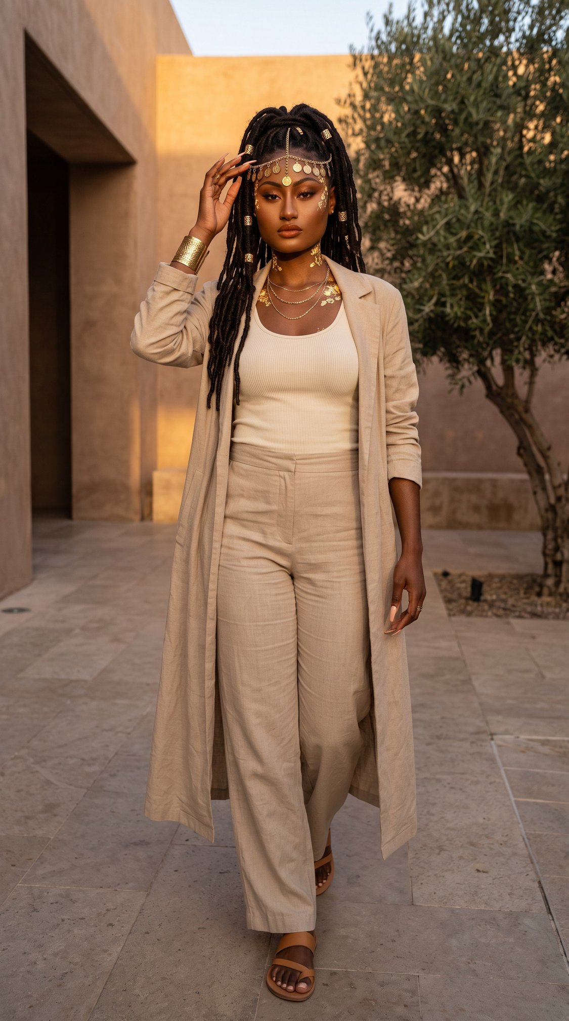 A woman with long braids and gold jewelry walks confidently outdoors, wearing a beige long coat, matching pants, a white top, sandals, and gold accessories, with a tree and tan buildings in the background.