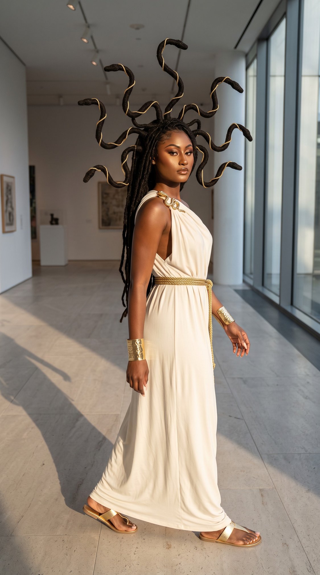 A woman in a white Greek-style dress and gold accessories walks in a modern gallery; her hair is styled to look like Medusas snakes. Sunlight pours in through large windows.