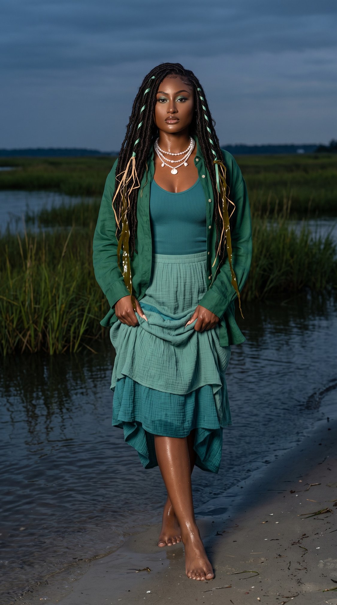 A woman with long braids and gold ribbons stands barefoot by the water, wearing layered green clothing and necklaces, with grassy wetlands and cloudy sky in the background.