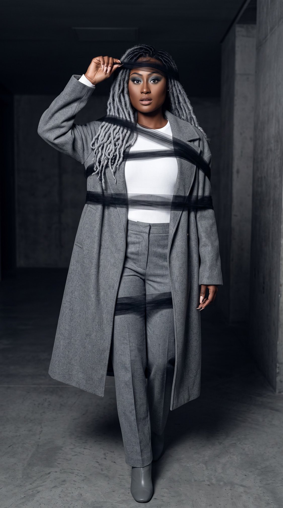 A woman with gray braided hair, wearing a gray coat over a white top and gray pants, stands confidently in a modern, concrete hallway.