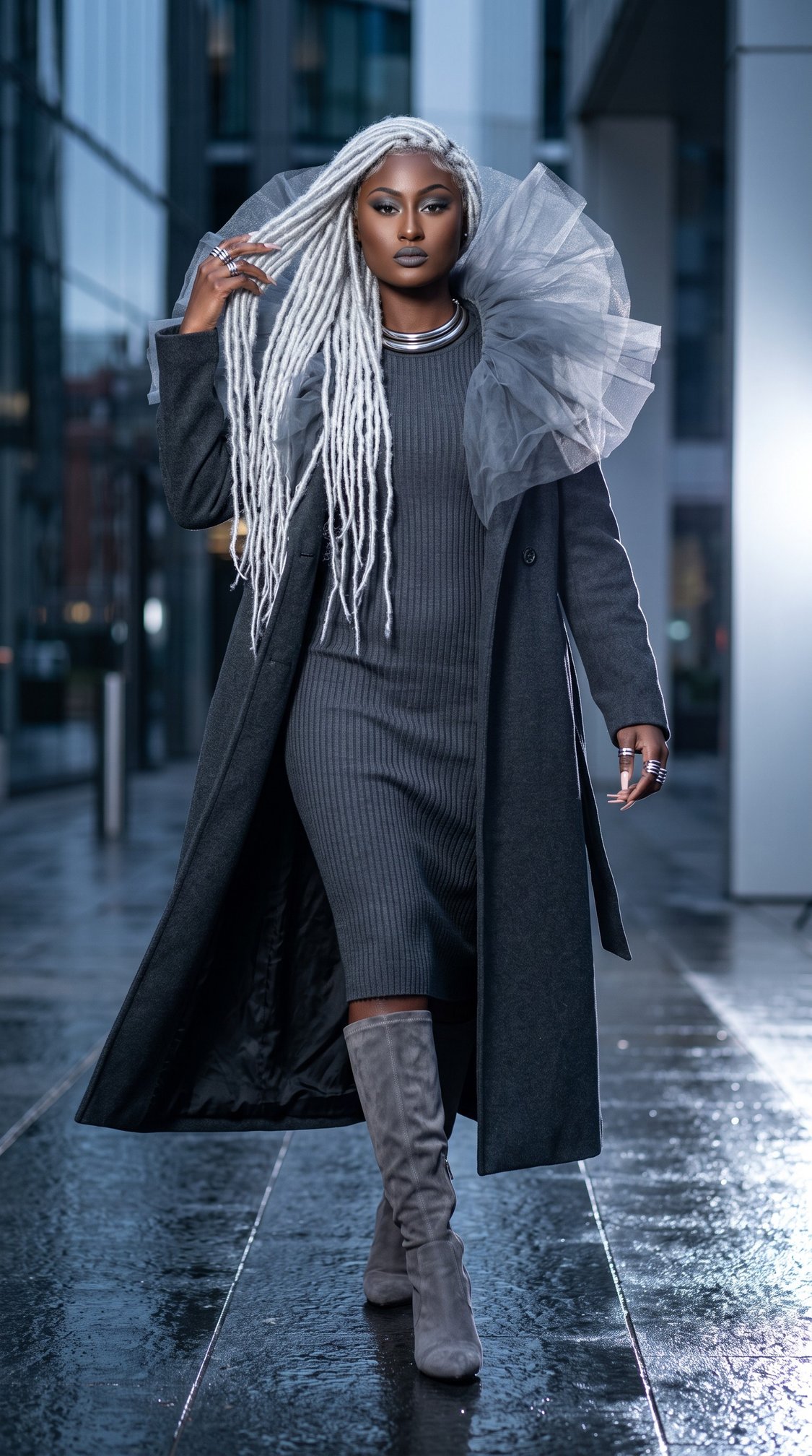 A stylish person with long white braids wears a dark coat, ribbed dress, tulle collar, and knee-high gray boots, walking confidently on a wet city sidewalk.