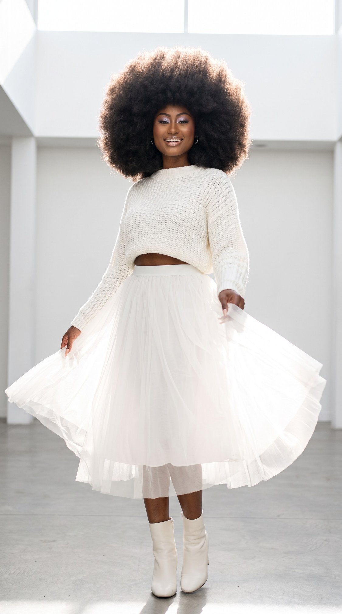 A woman in a white sweater, tulle skirt, and boots stands smiling in a bright room, holding her skirt out, with natural light illuminating her and her voluminous afro hairstyle.