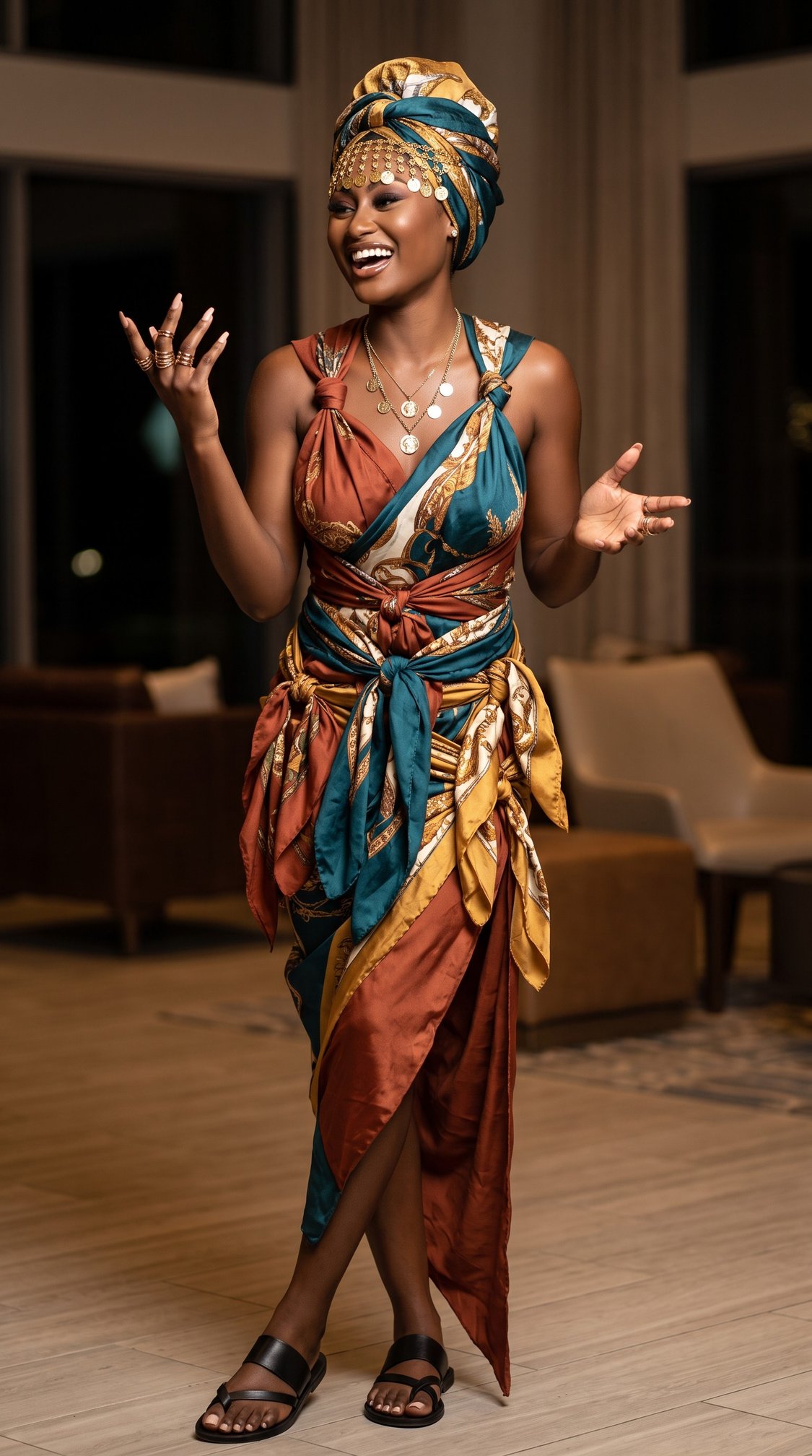 Smiling woman in a colorful, patterned wrap dress and headscarf, standing indoors with hands raised mid-gesture, wearing layered necklaces and sandals.