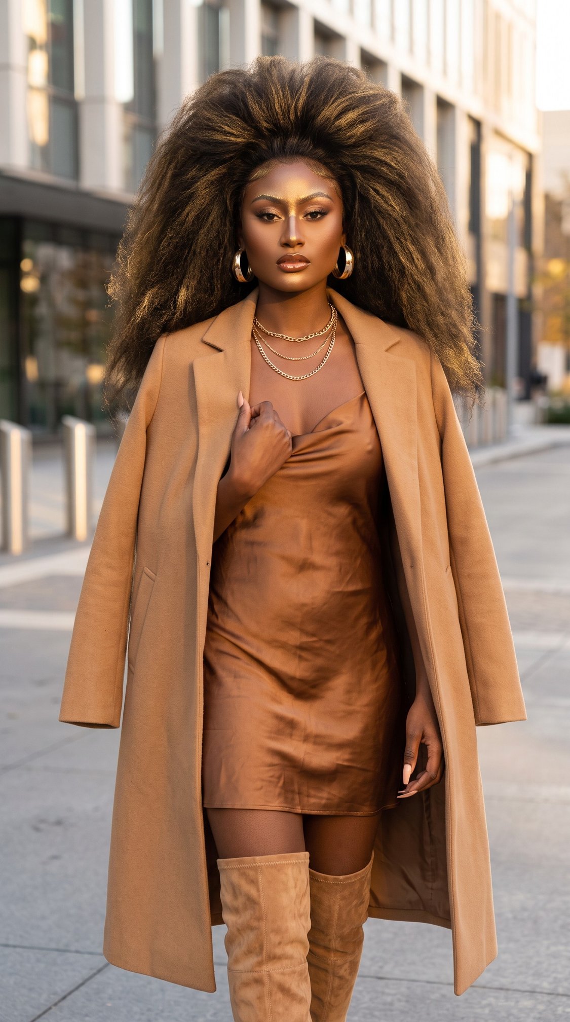 A woman with voluminous hair, gold makeup, and hoop earrings wears a tan coat, bronze dress, and matching thigh-high boots, walking confidently on a city sidewalk.