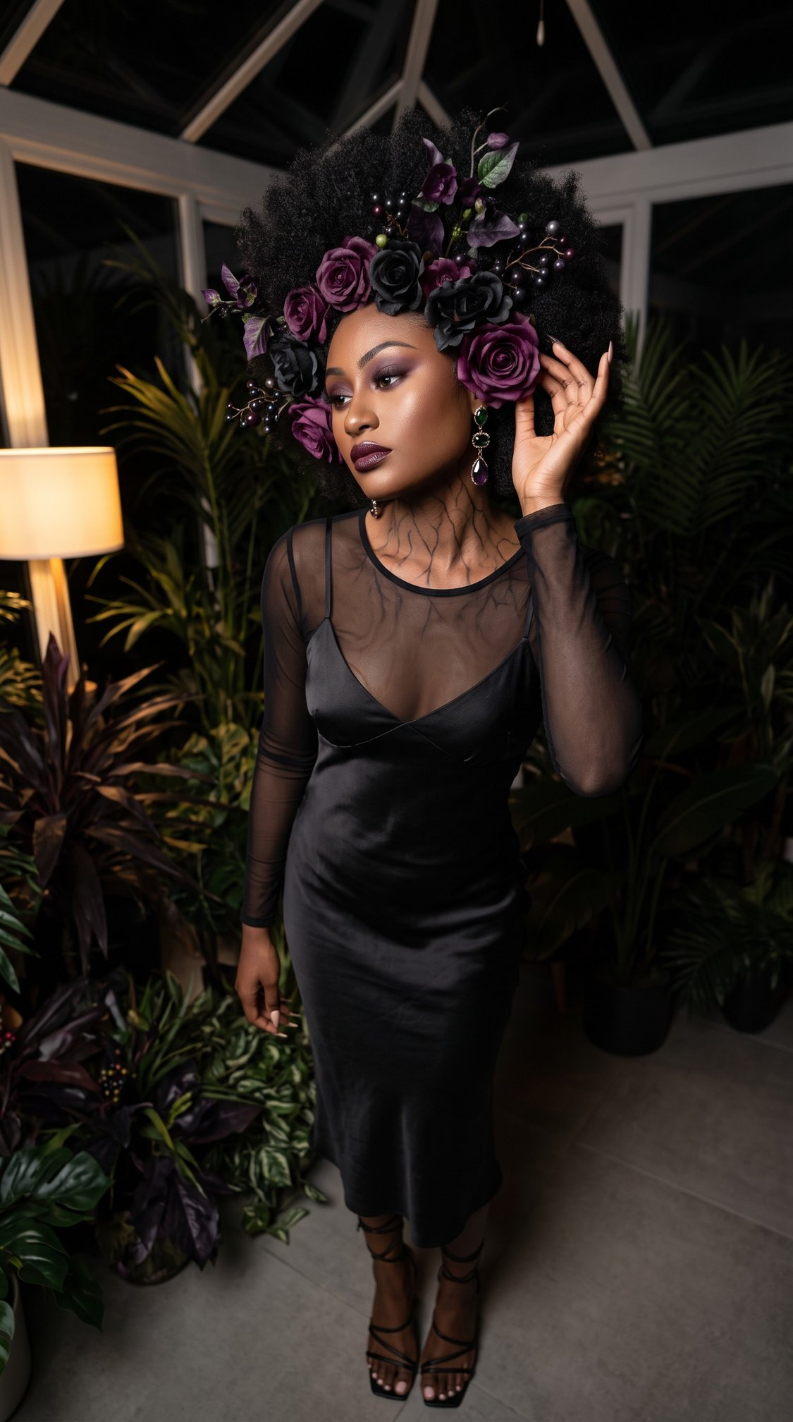 A woman in a sheer black dress stands among plants, wearing a floral crown with purple and black roses. She has dark curly hair and purple makeup, and poses with one hand touching her head.