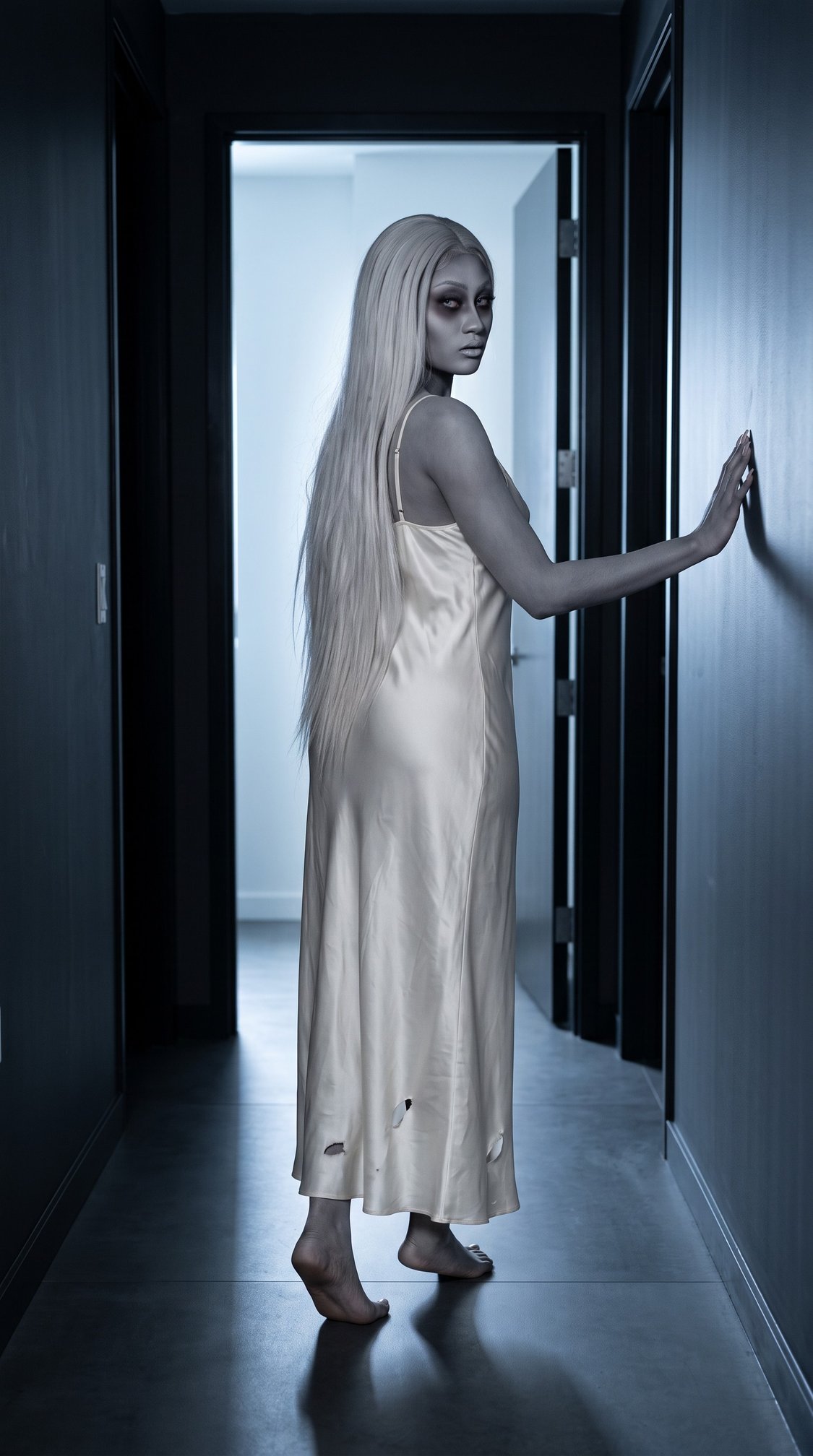 A pale woman with long white hair and a tattered satin dress stands barefoot in a dim hallway, looking back with a haunting expression.