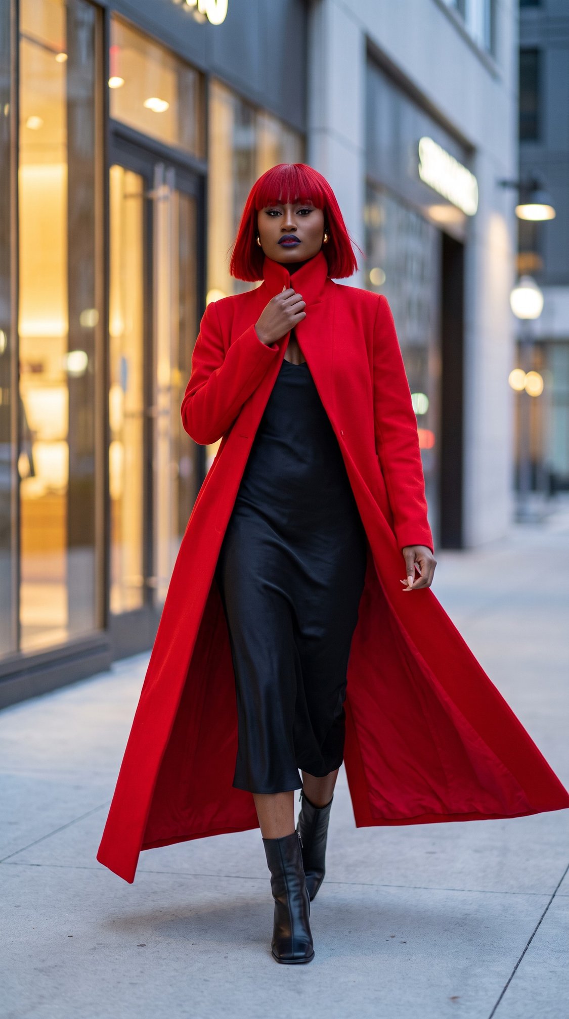 A woman with a red bob haircut wears a long red coat over a black dress and black boots, walking confidently on a city sidewalk with shops in the background.