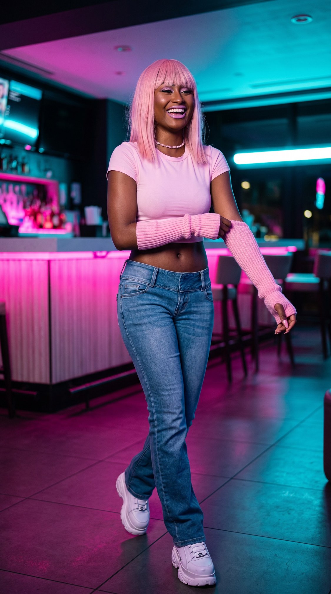 A woman with pink hair, a pink crop top, and blue jeans walks confidently in a modern bar with neon pink and blue lighting.