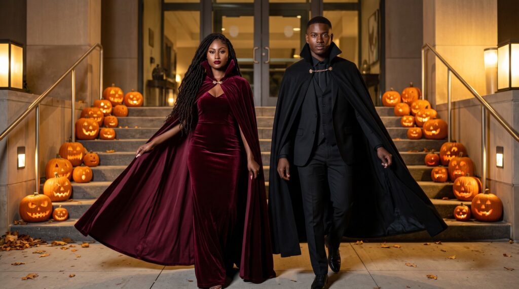 Two people in elegant Halloween costumes step outside a building decorated with carved, lit pumpkins on the steps. One wears a red dress and cape, the other wears a black suit and cape.
