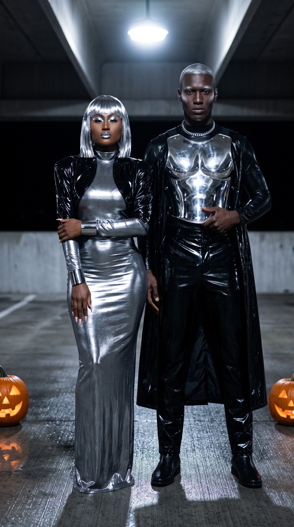Two people in a parking garage wear shiny silver and black futuristic costumes. One wears a silver dress and wig; the other wears a metallic chest plate, black pants, and cape. Lit jack-o-lanterns sit on the ground beside them.
