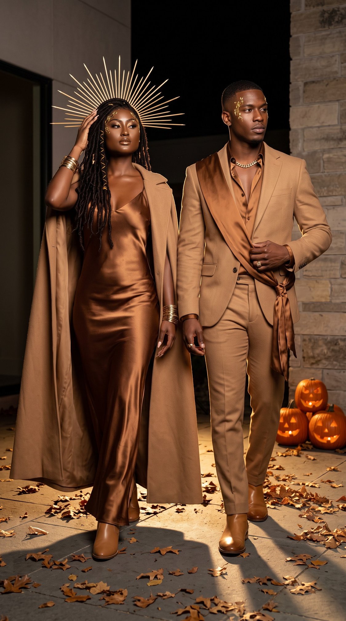 A stylish couple in bronze and tan outfits stands by carved pumpkins and autumn leaves. The woman wears a metallic dress, trench coat, and crown; the man wears a suit with a satin sash.
