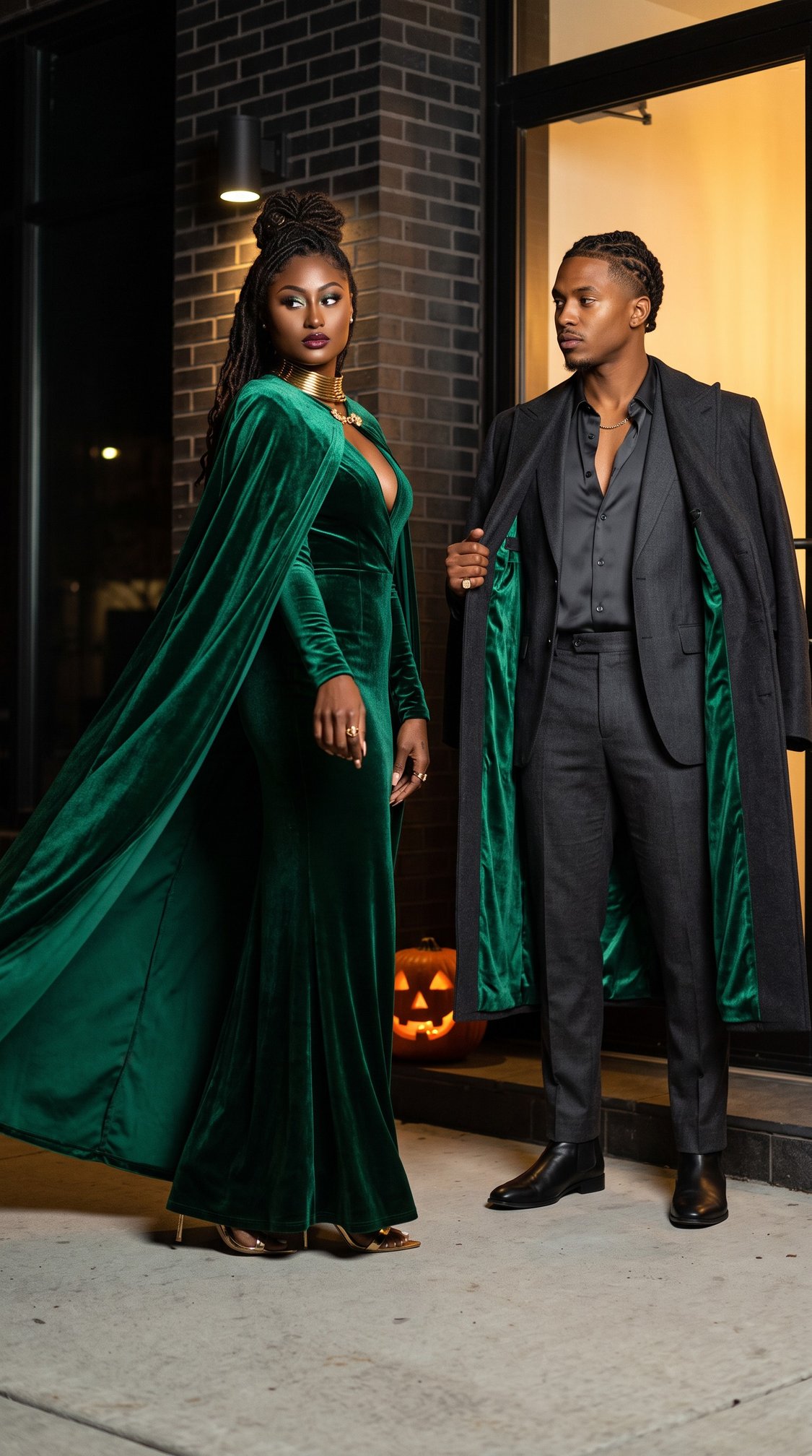 Two people in elegant green velvet capes stand outside at night. One wears a long green gown; the other wears a dark suit with a matching green-lined cape. A glowing jack-o-lantern sits on the ground behind them.