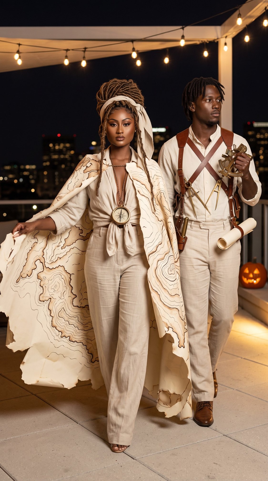 Two people in adventurous, explorer-themed outfits with map designs, walking confidently on a rooftop at night under string lights. The woman wears a flowing cape; the man holds a map and has straps with accessories.