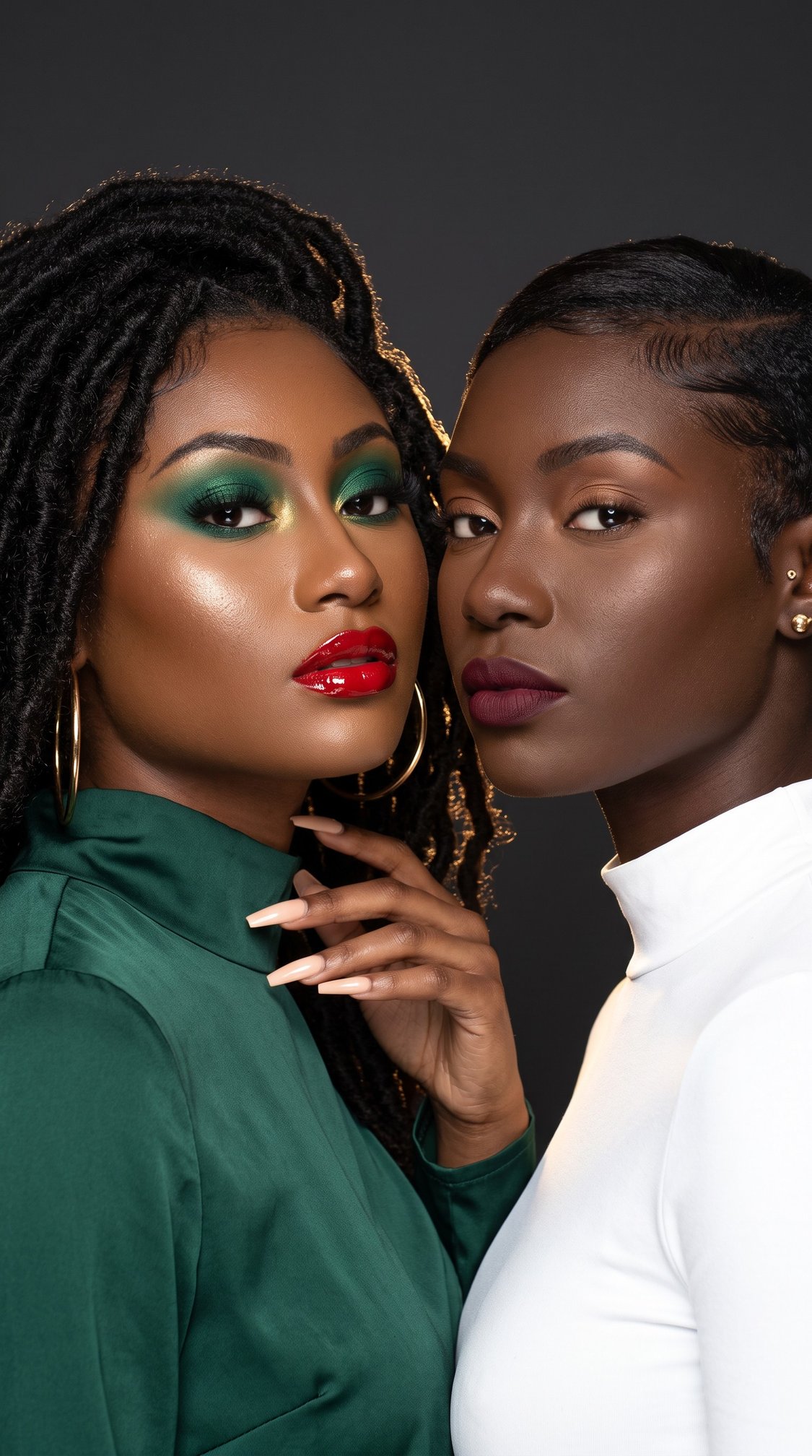 Two women pose closely together against a dark background. One wears a green top, bold green eyeshadow, and red lipstick; the other wears a white top and dark lipstick. Both have glowing skin and confident expressions.