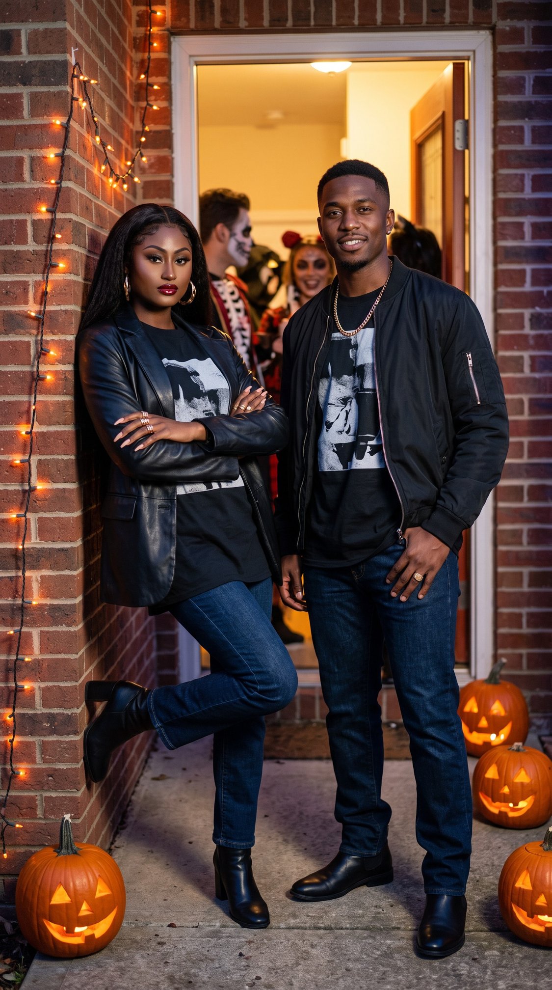 Two people in matching black outfits stand by a doorway decorated with pumpkins and orange string lights, posing confidently at a Halloween party. Other costumed guests are visible inside the house.