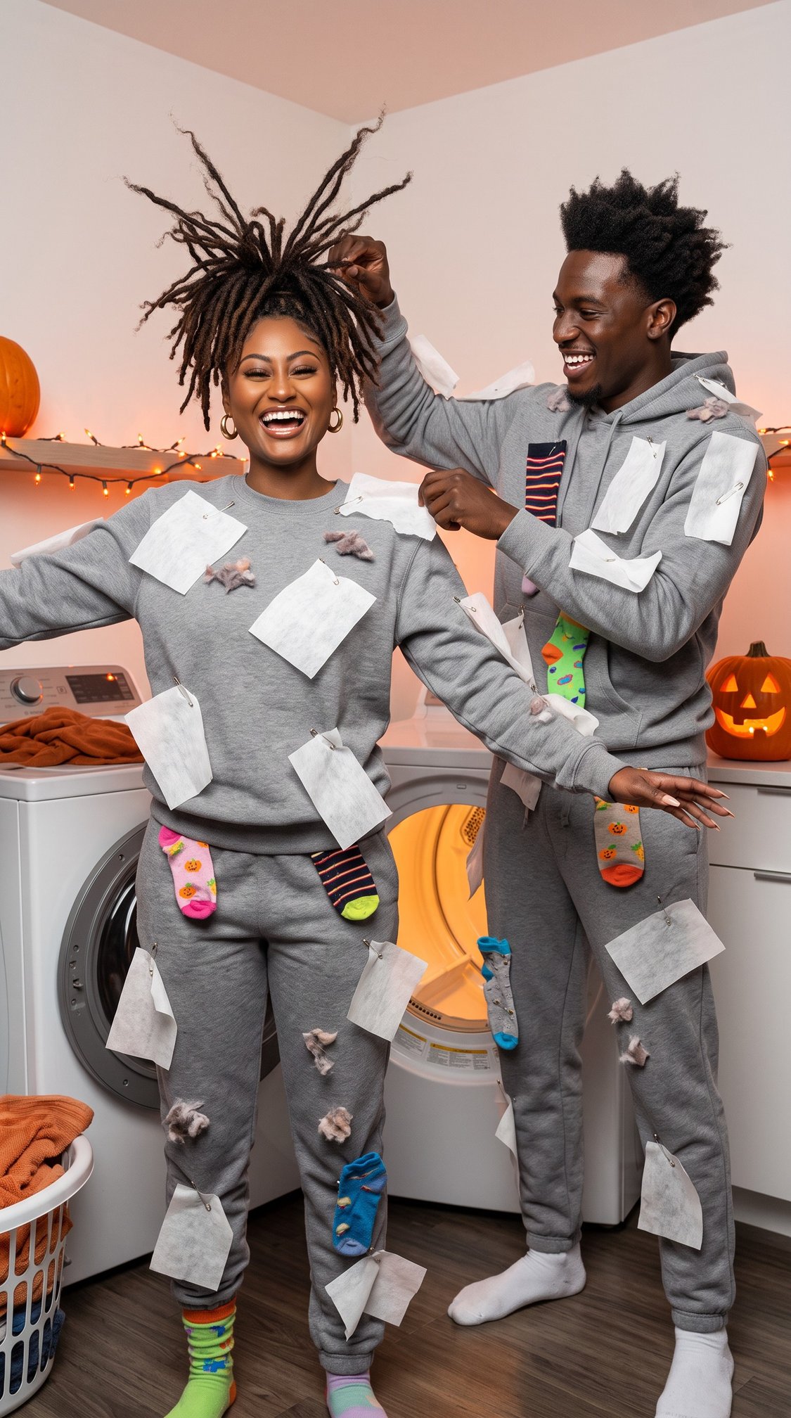Two people in gray sweatsuits decorated with socks, lint, and dryer sheets pose playfully in a laundry room with Halloween decorations and lit jack-o-lanterns. One person lifts the others hair, both are smiling and laughing.