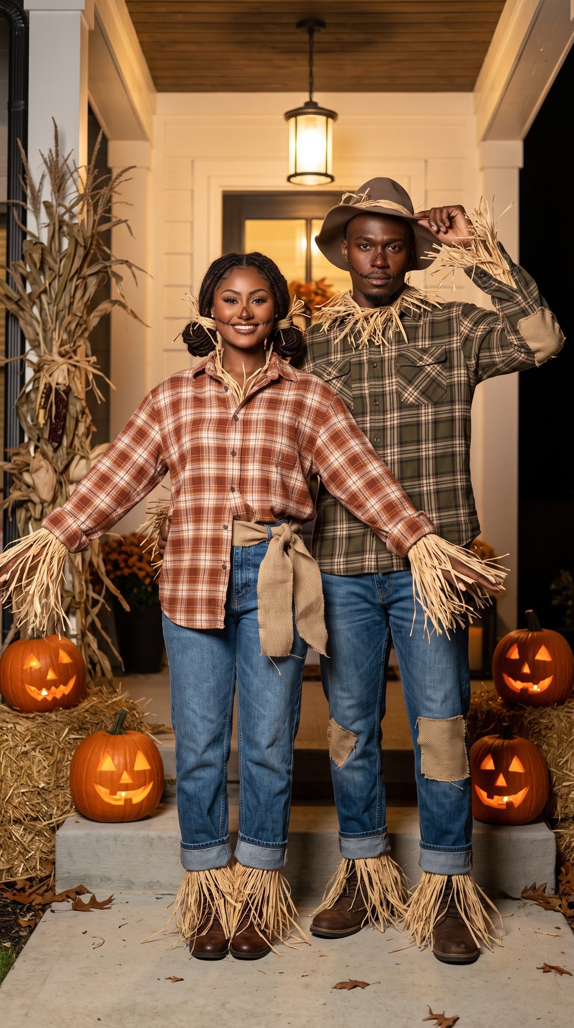 Two people dressed as scarecrows stand on a porch decorated with pumpkins and autumn decor, wearing plaid shirts, jeans, and straw accents. Jack-o-lanterns and cornstalks are visible in the background.