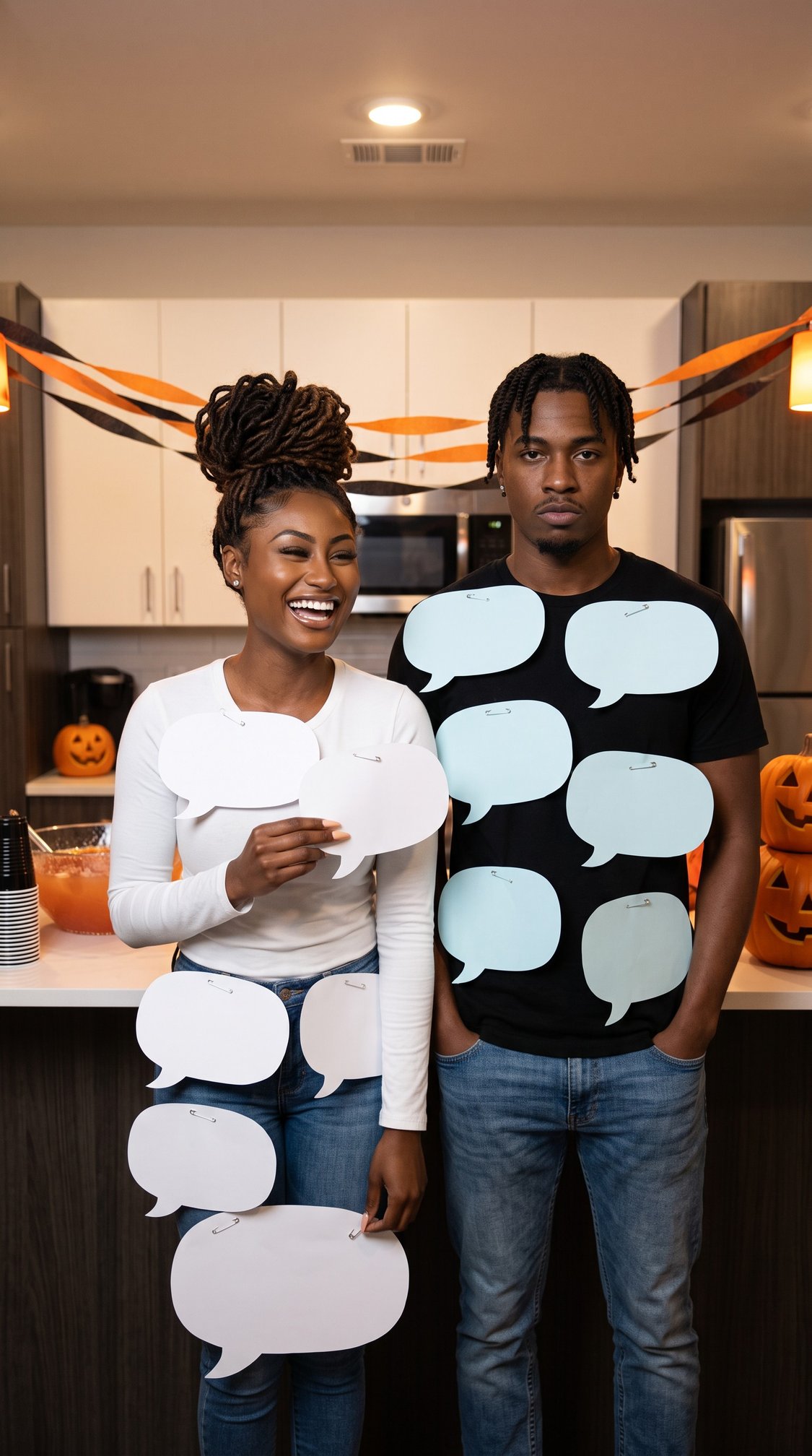 Two people stand in a kitchen decorated for Halloween, wearing outfits covered in blank speech bubble cutouts. One person smiles and holds a speech bubble; the other stands silently with a neutral expression.