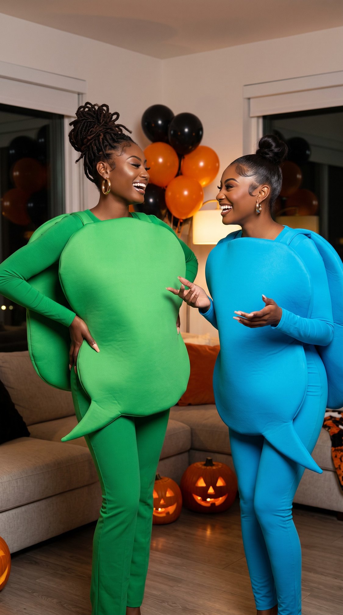 Two women in a living room wear green and blue speech bubble costumes, smiling and talking. Halloween decorations, including balloons and carved pumpkins, are in the background.