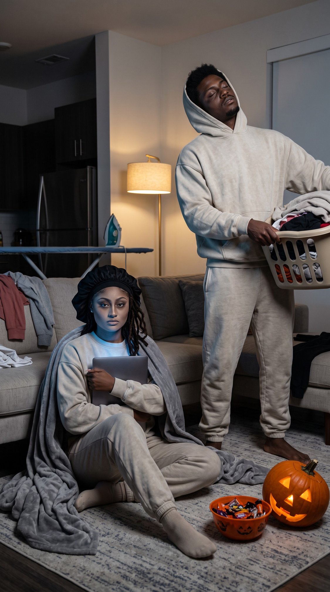 A woman with Halloween makeup sits on the floor in loungewear near candy and a carved pumpkin, while a man stands holding laundry in a cozy living room.