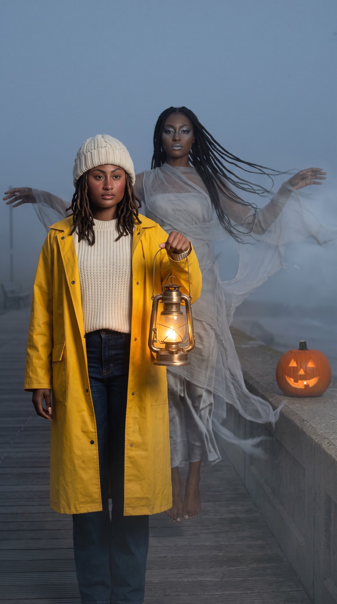 A person in a yellow raincoat holds a lantern on a foggy boardwalk, while a ghostly figure floats behind them. A carved pumpkin sits on a ledge to their right.
