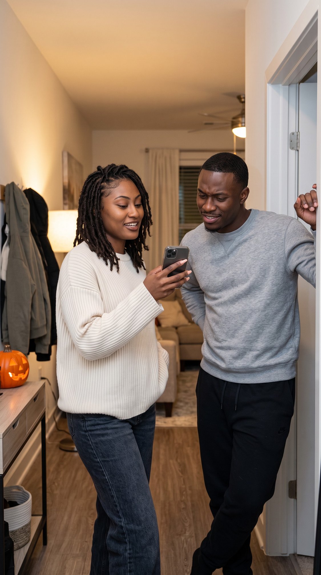 Two people stand in a hallway; the woman smiles while showing her phone to the man, who looks surprised. A carved pumpkin sits on a table nearby. The scene appears casual and indoors.
