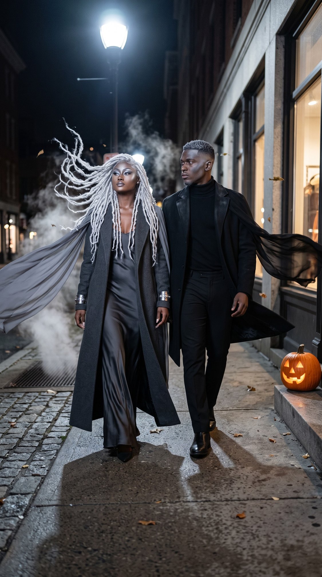 Two people in stylish black outfits walk on a city sidewalk at night. One has long white dreadlocks and dramatic makeup, the other wears a black suit. Smoke and a carved jack-o-lantern are visible nearby.