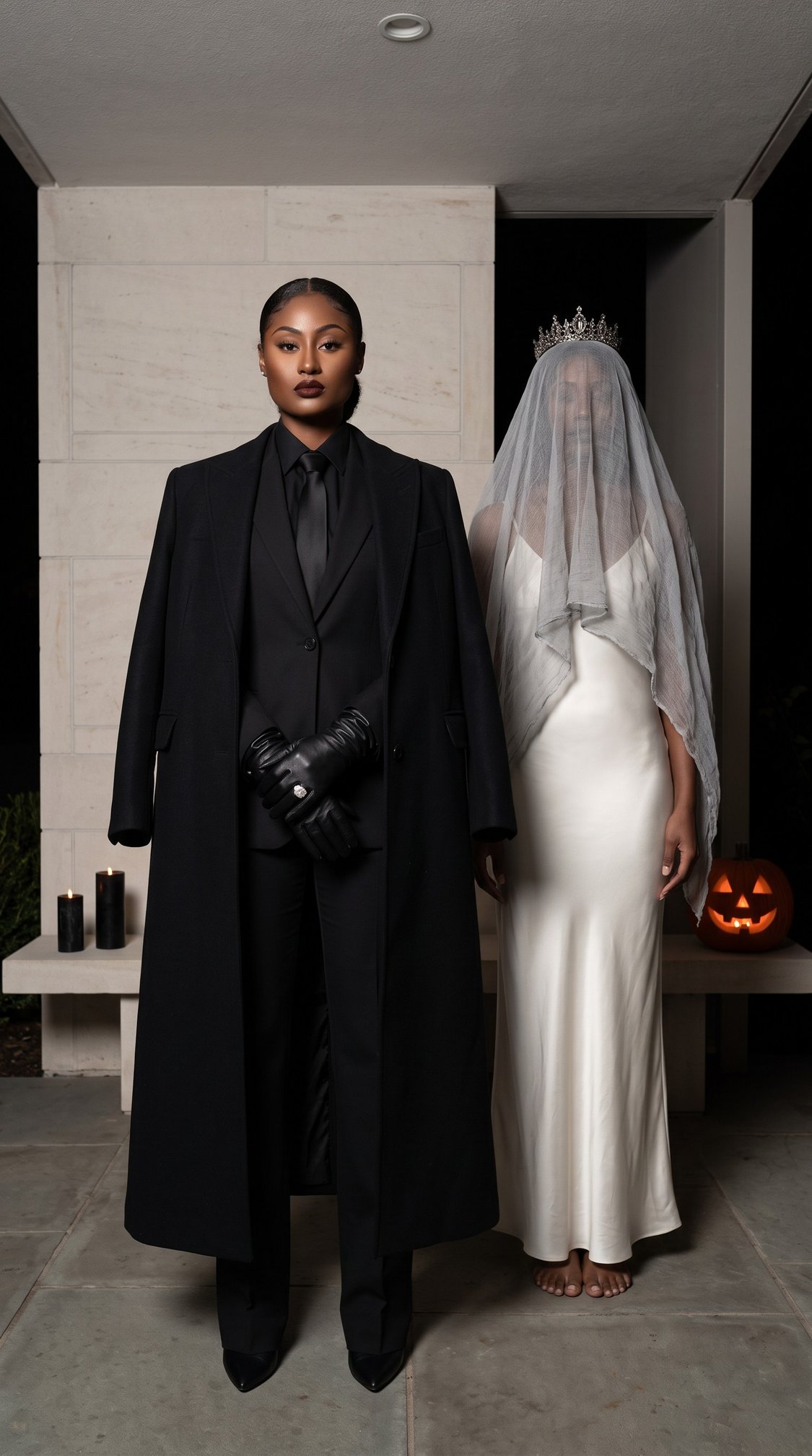 Two people in Halloween costumes: one in a black suit and gloves, the other in a white dress, veil, and crown. A carved jack-o-lantern and black candles are on the ground behind them.