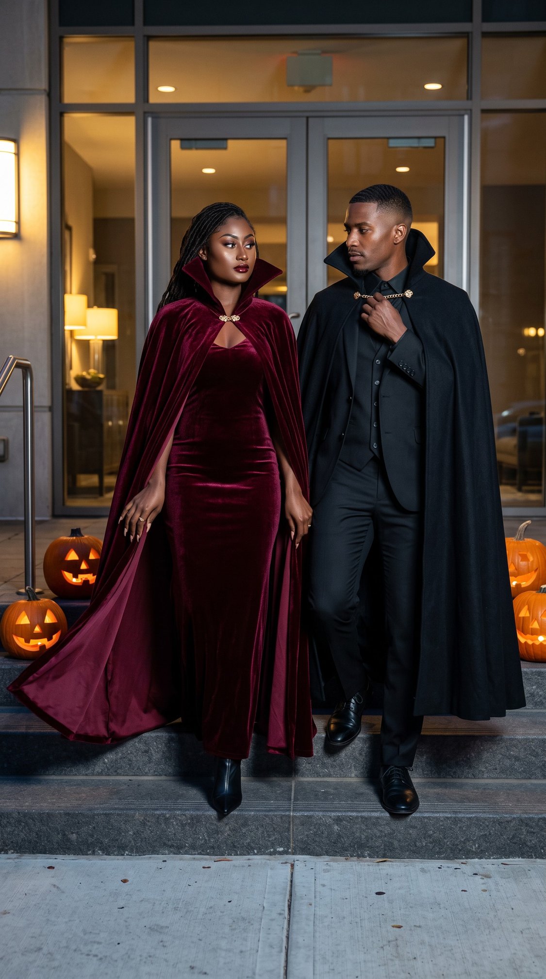 A couple in vampire costumes with capes stands on steps surrounded by carved pumpkins, in front of a building entrance lit by lamps.