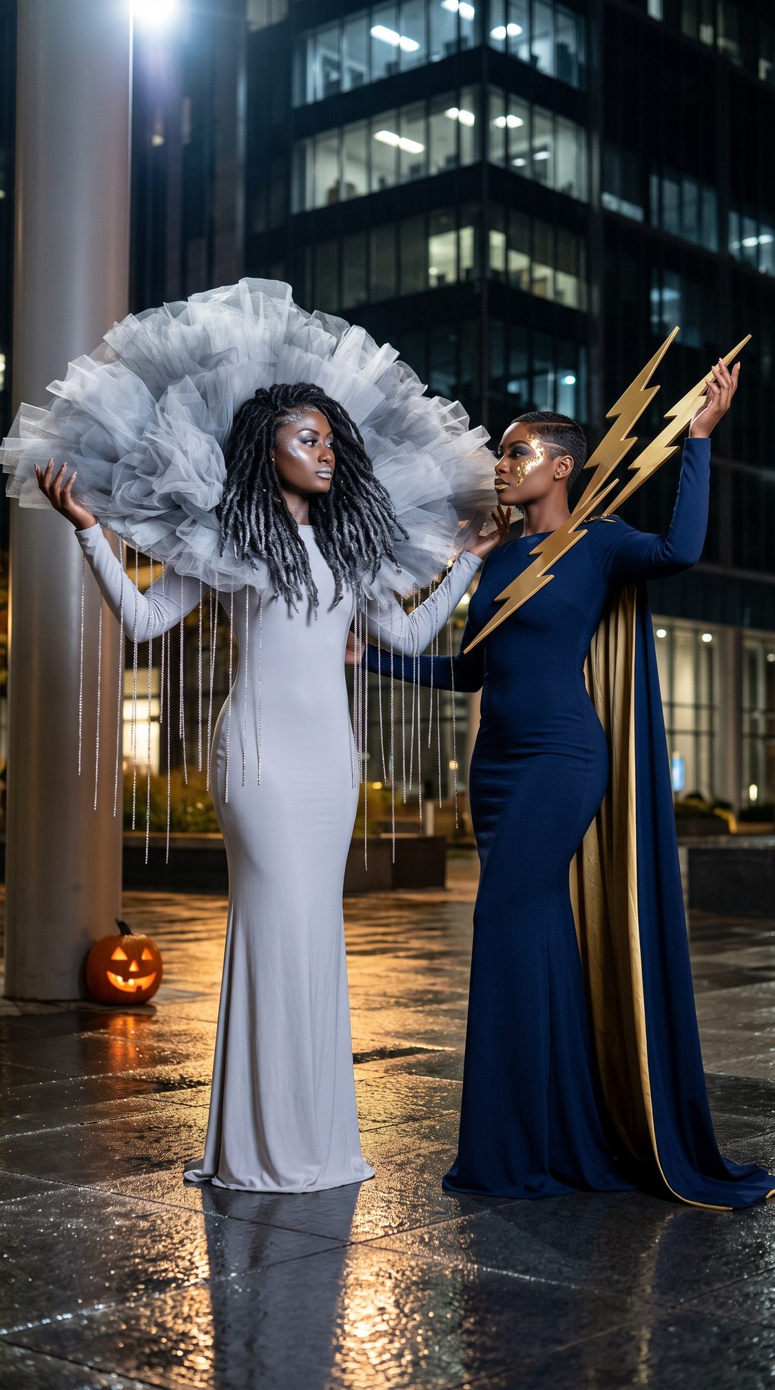 Two people in elegant costumes pose outdoors at night; one wears a dramatic gray tulle headdress and white gown, while the other wears a navy gown with a gold cape, holding a lightning bolt. A carved pumpkin sits nearby.