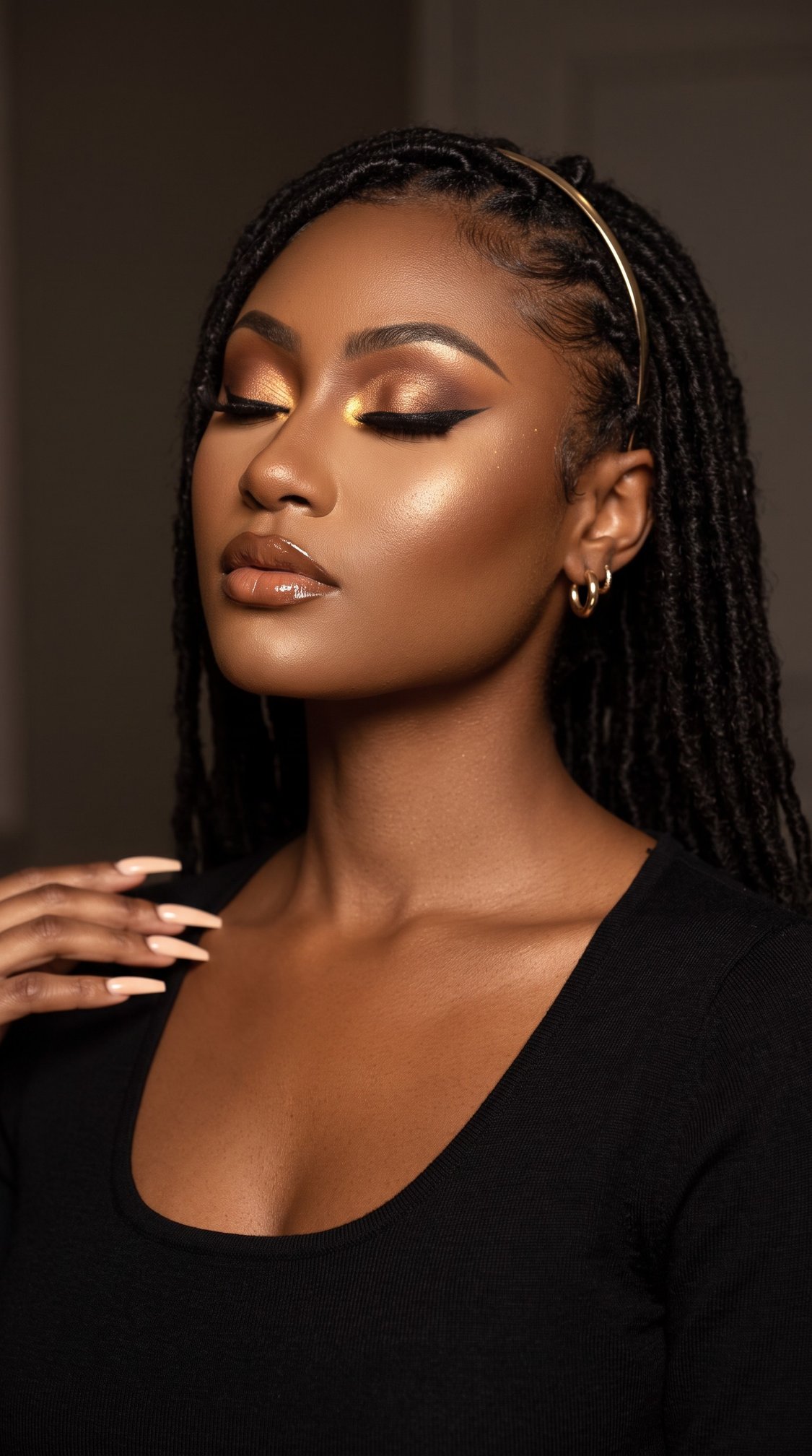 A woman with long, styled braids and gold, shimmery makeup closes her eyes, wearing gold hoop earrings and a black top, posing gracefully with a serene expression.
