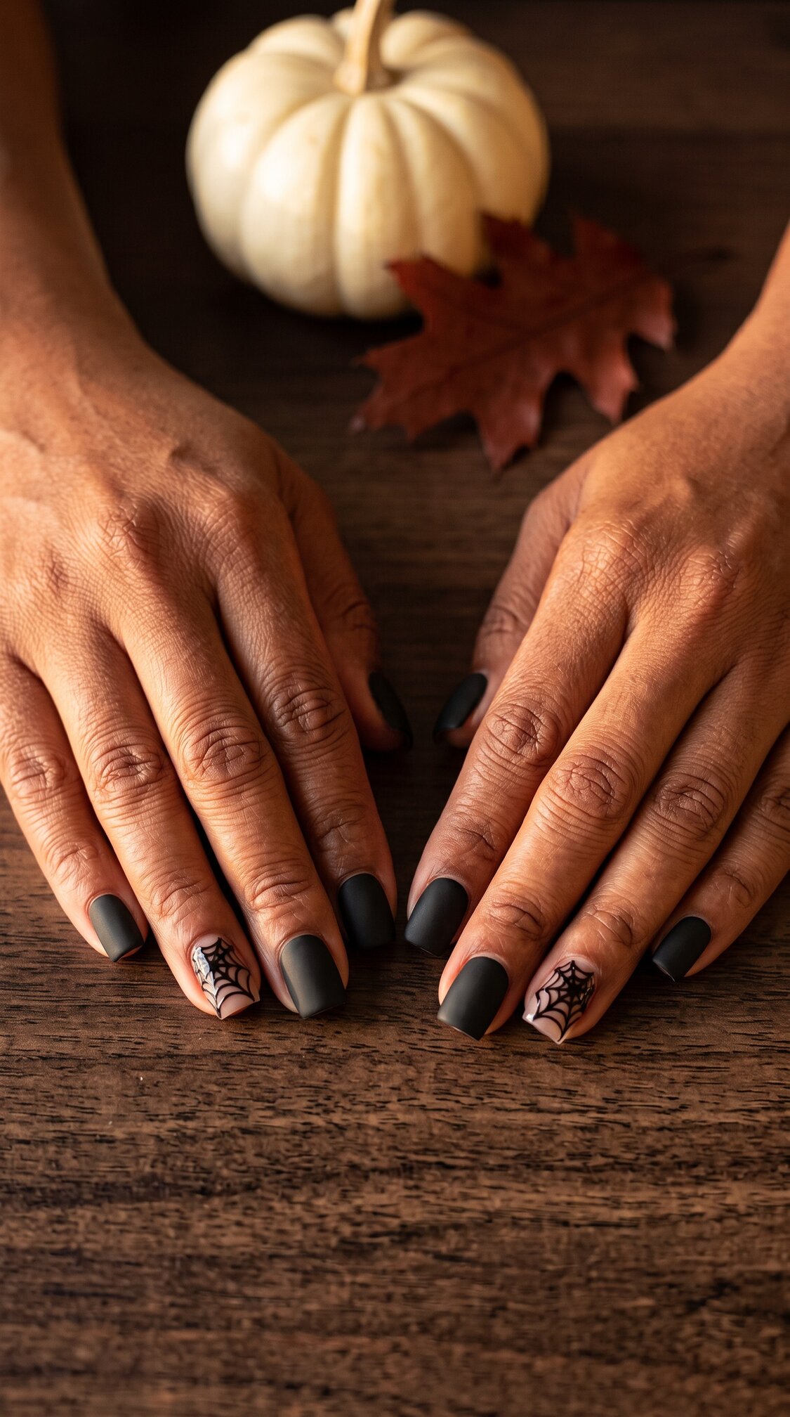 Two hands with matte black halloween nails acrylic resting on a wooden surface. Index fingernails have spiderweb designs. A white pumpkin and a brown leaf are in the background, suggesting an autumn or Halloween theme.