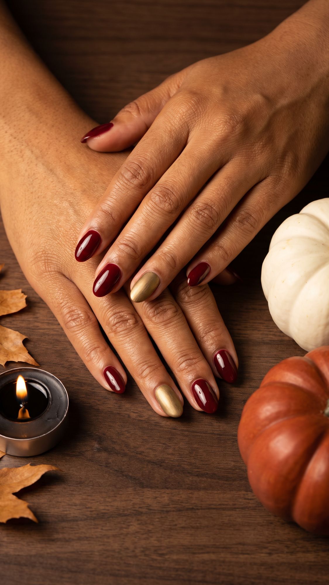 Hands with burgundy and gold manicure rest on a wooden table, surrounded by autumn leaves, a small lit candle, and white and orange pumpkins, creating a cozy fall atmosphere perfect for showcasing glam nail designs.