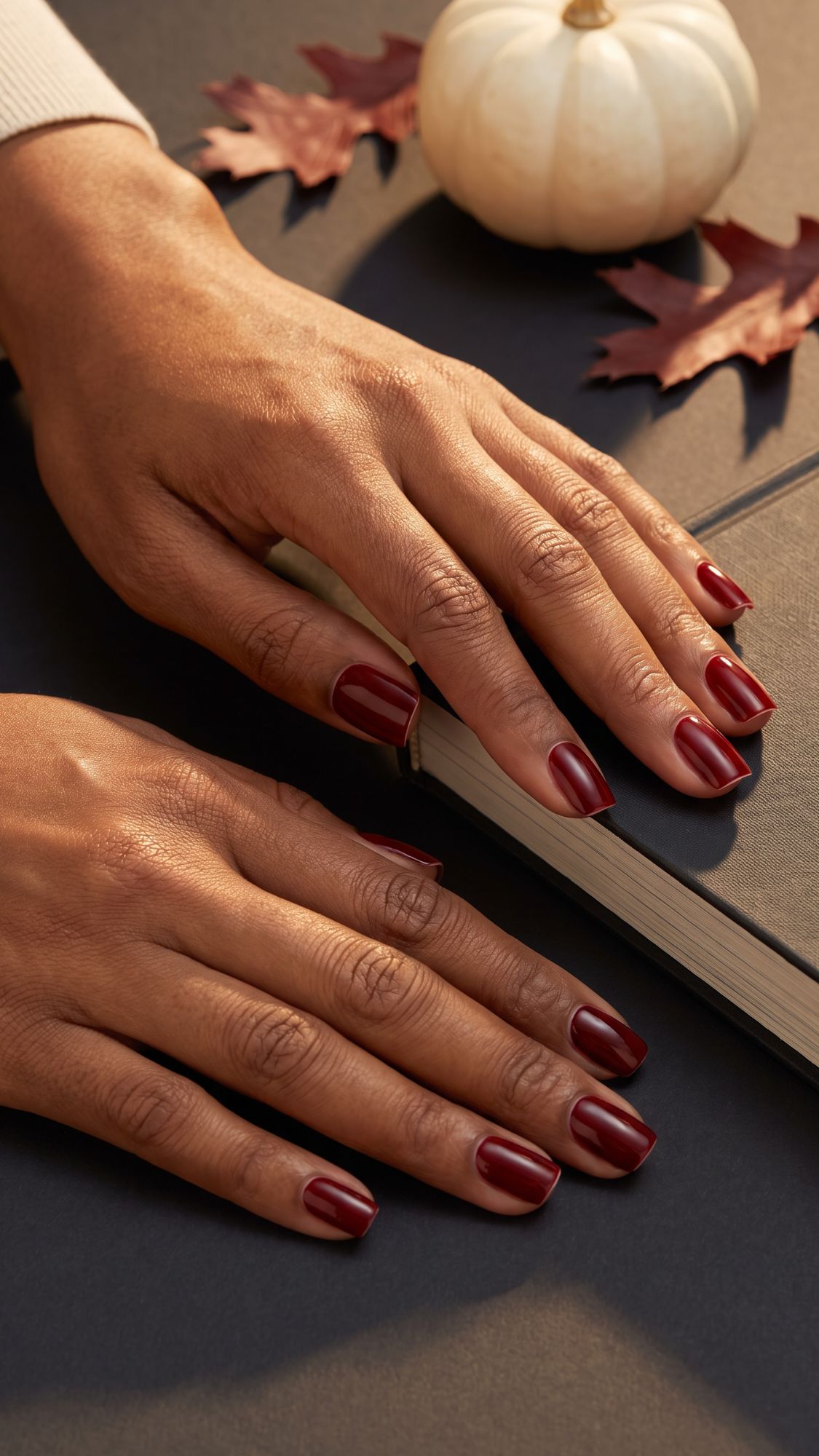 Two hands with dark red polished nails rest on a closed book. Autumn leaves and a small white pumpkin are in the background, suggesting a cozy fall theme. The look is perfect for those seeking subtle Halloween nails that effortlessly complement any autumnal moment.
